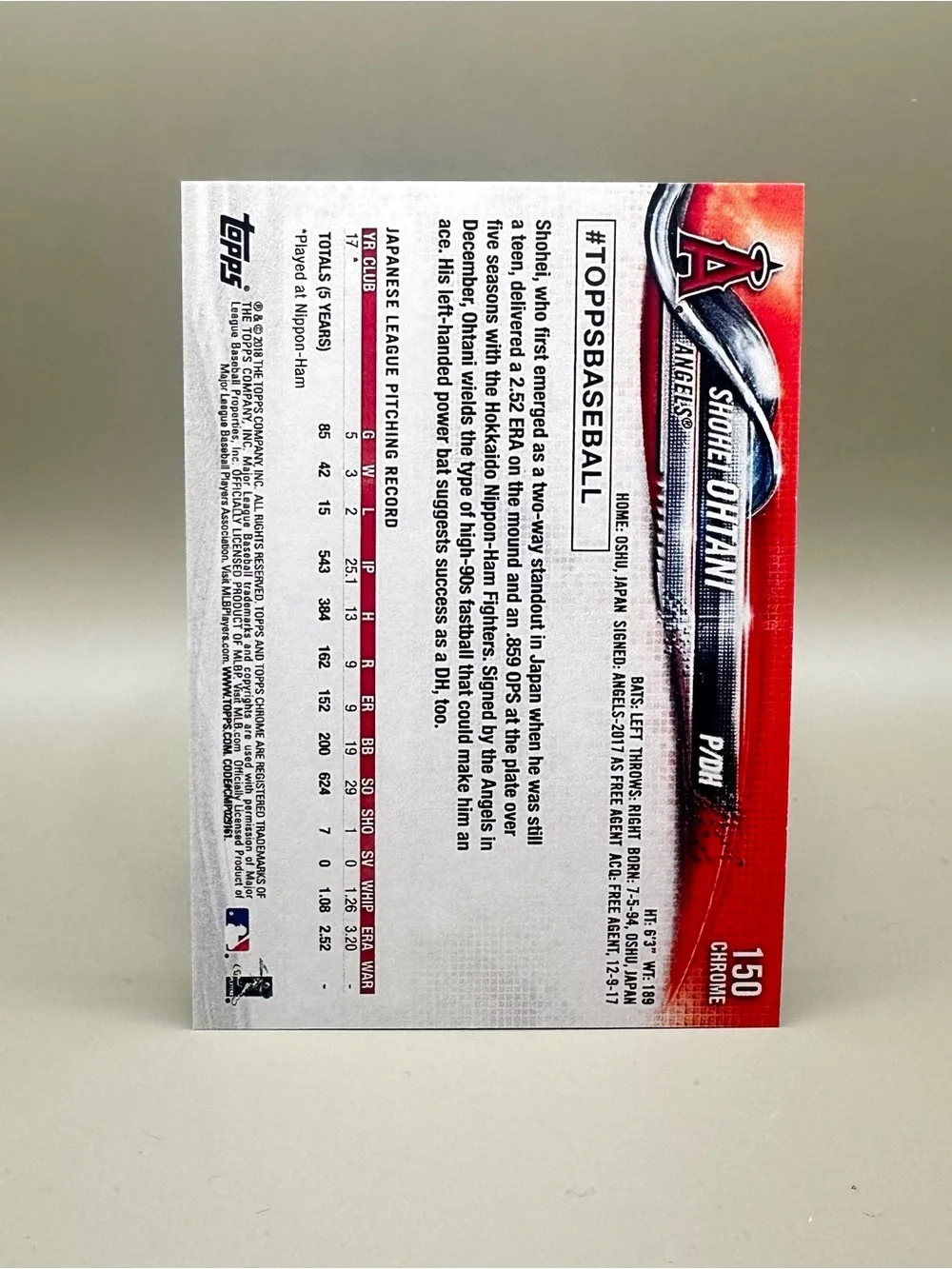 Shohei Ohtani Signed Rookie 2018 Topps Chrome Novelty Baseball Card.